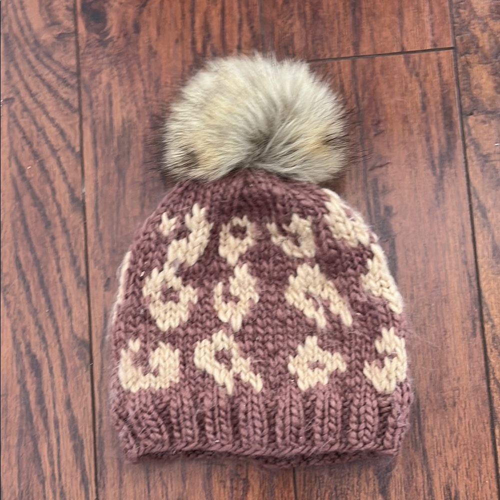Brown and Cream Knit Beanie with Pom Pom
